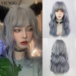 VICWIG Gray Blue Wigs with Bangs Long Wavy Curly Synthetic Women Lolita Cosplay Fluffy Hair Wig for Daily Party