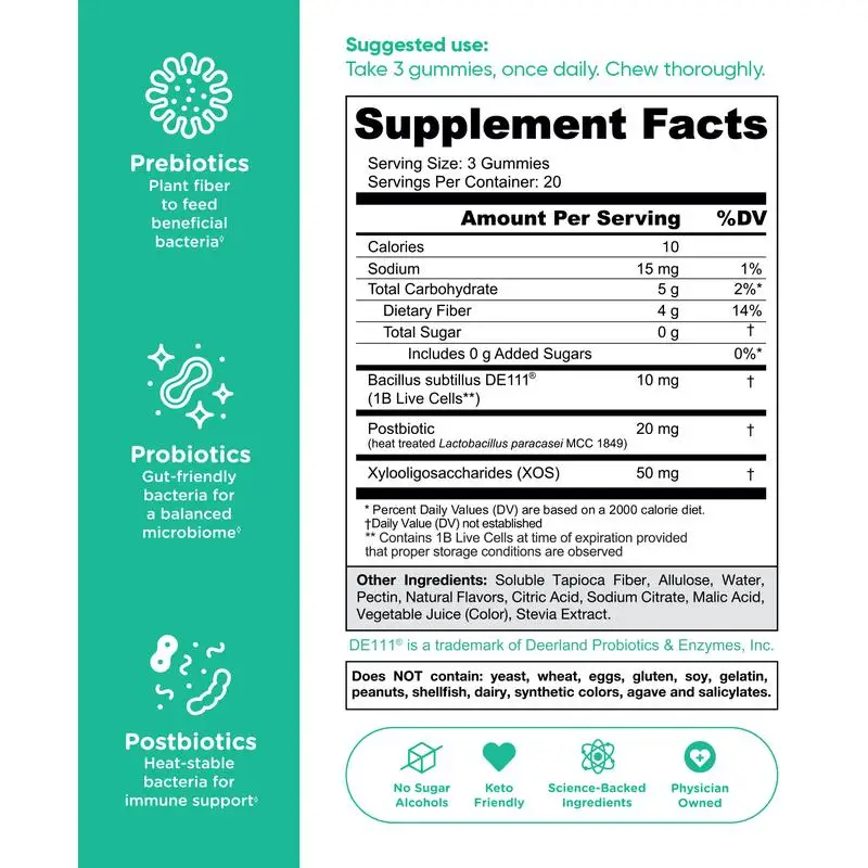 JP Zero Sugar Pre، Post، Probiotic Gummies. العالم الأول 3 في 1 خالي من الغلوتين، نباتي، غير وراثيًا، وخالي من الجيلاتين.