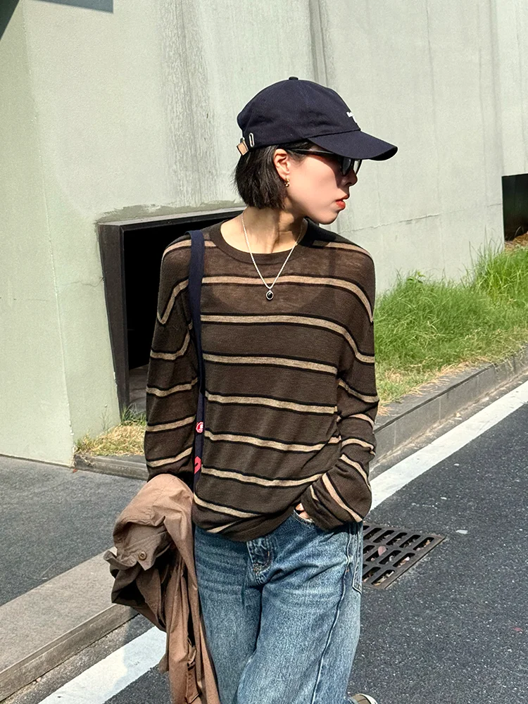 

Bebe Wool Stripe Knitwear Women's Thin Long Sve Loose Fit Base irt Casual Sle round Ne Regular Length Autumn Faion