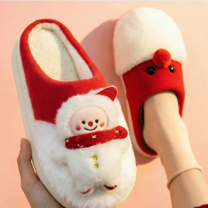 Cute Cartoon Christmas Shoes for Women Winter 2026 Soft Thick Bottom Fluffy Fur Indoor Slippers Couple Warm Plush Home Slippers