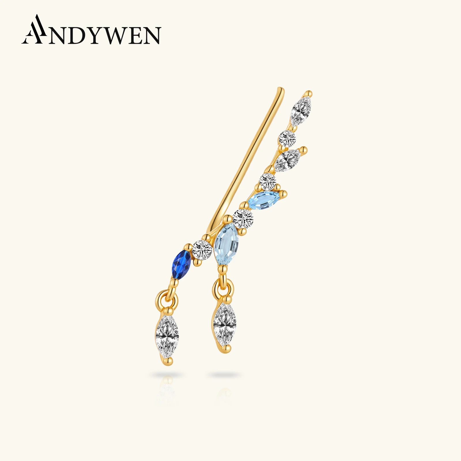 ANDYWEN 925 Sterling Silver Marquise CZ Blue Zircon Ear Climber Stud Earrings, Dainty Fashion Luxury Ear Pin Jewelry for Women