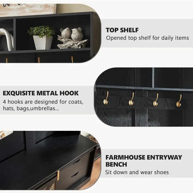شجرة قاعة المدخل مقاس 71 بوصة مع رف معطف ومقعد تخزين، شجرة معطف مع خطافات للمدخل، المدخل، غرفة المعيشة #5