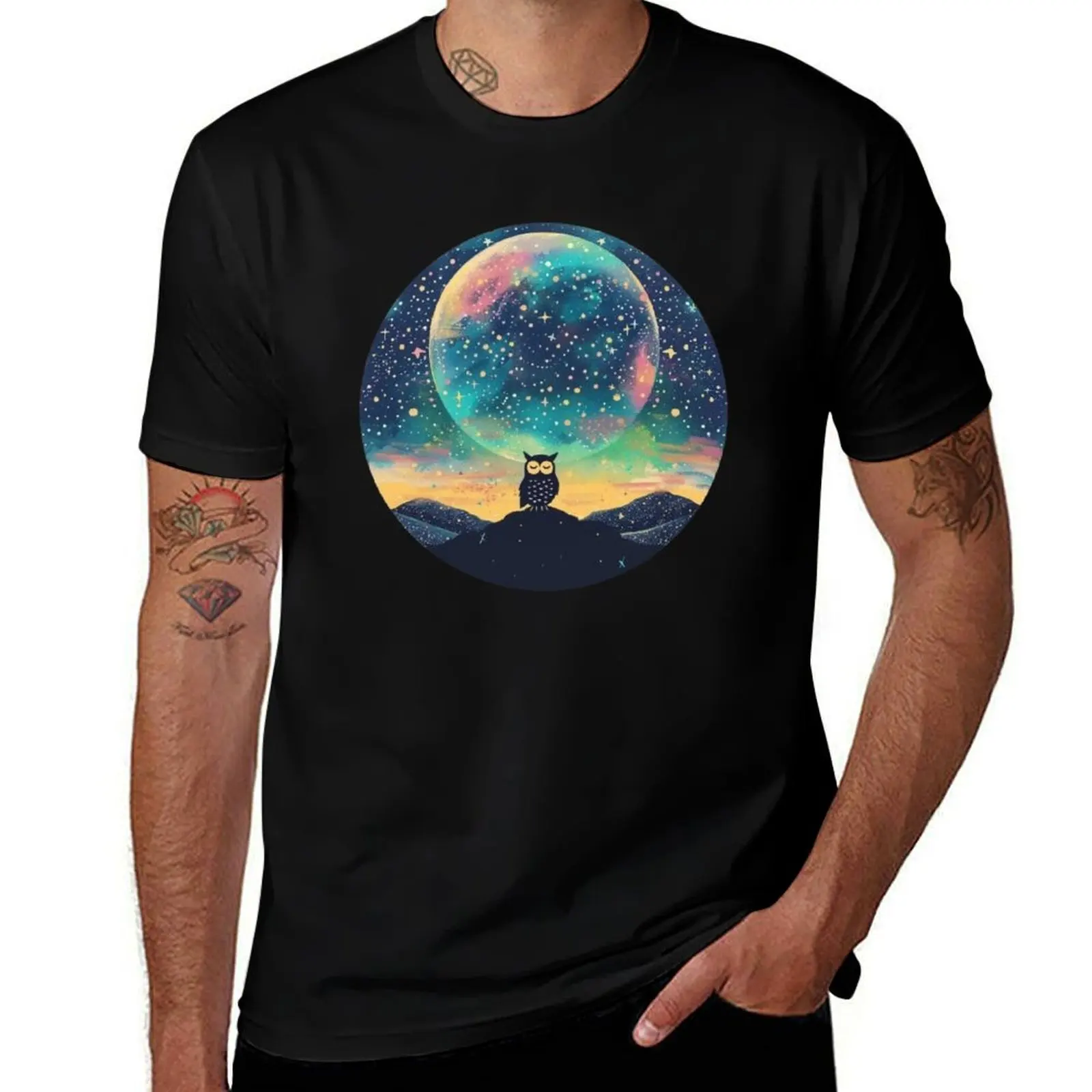 

Celestial Owl Night Sky Art – Mystical Circular Design in Soft Pastel T-Shirt anime shirt plain black t shirts men
