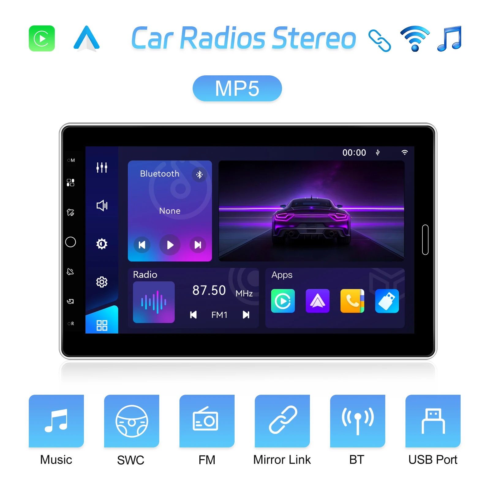Podofo 1DIN CarPlay Autoradio Android Auto Mirror Link Universelles Auto-MP5-Player FM/AM/RDS Radio Bluetooth USB DVR AUX-IN – Detail 1