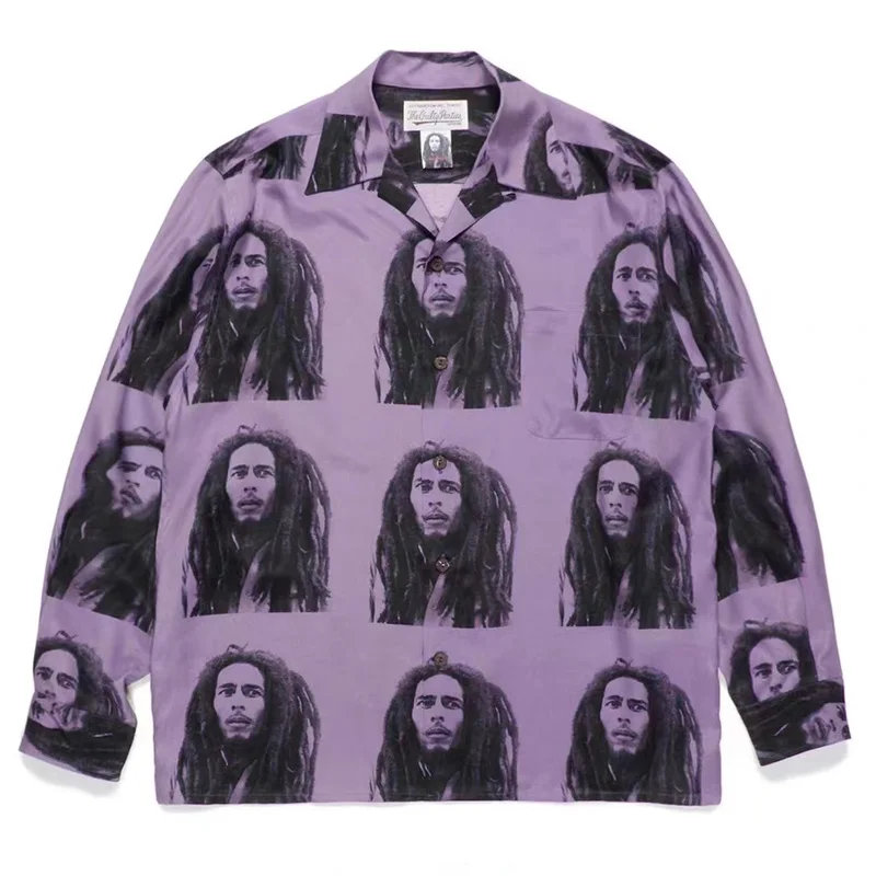 WACKO MARIA Fashion Rock Style Portrait Hawaii Long Sleeve Shirt Mens Womens New Hip Hop Brand Shirt Tops