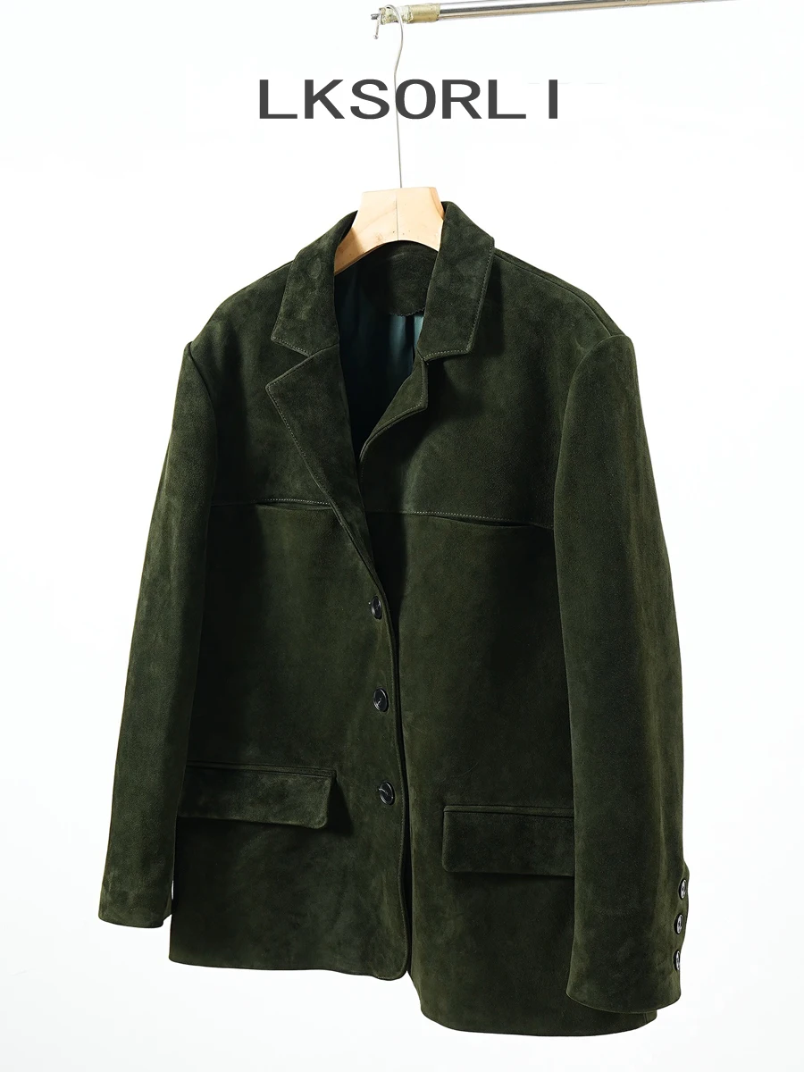 Kid Suede Jas voor Vrouwen High Sense Losse Oversized Echt Lederen Pak Blazer Vrouwelijke Casual Jas Streetwear Single Breasted
