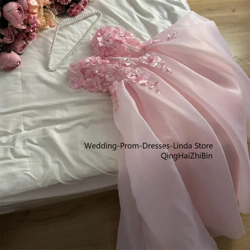 Pink 3D Flower A-line Floor-Length Organza Evening Dresses for Women Prom Party Gala Special Events Dress 2024 Customized