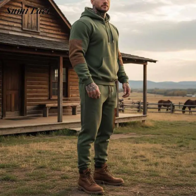 Fashionable Mens 2025 Autumn Winter Tracksuits Sports Casual Mens Hoodies And Pants Two Piece Suits Vintage Patchwork Outfits