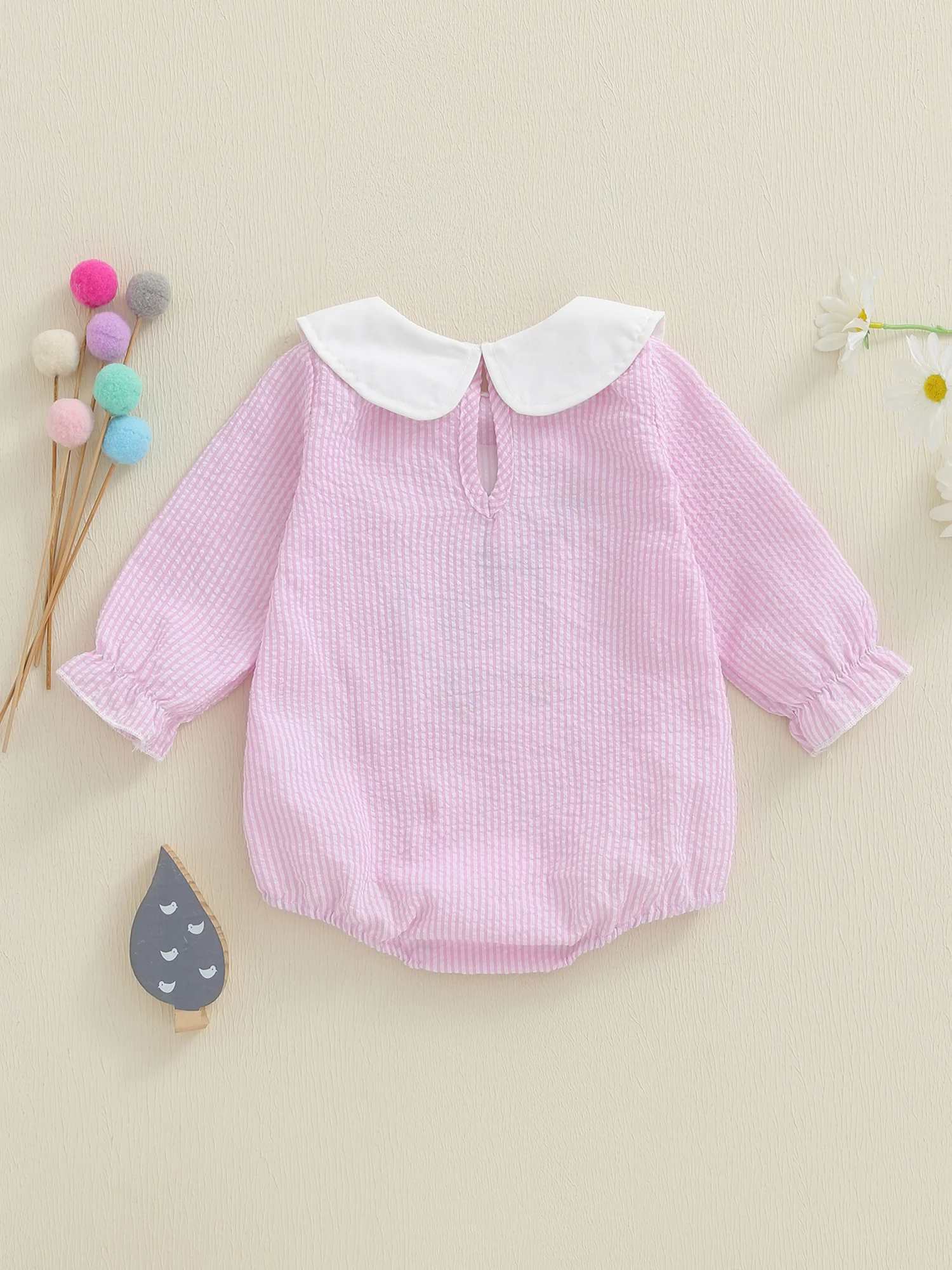 

Adorable Toddler Girls Autumn Playsuit with Cute Animal Embroidery and Ruffle Collar Long Sleeve Striped Romper