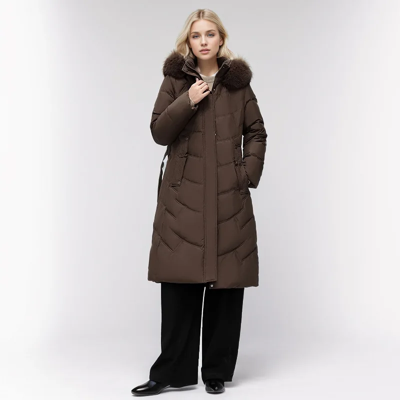 Winter Women\'s Long Cotton Jacket Female Fur Collar Thick Warm Parkas Coat Women\'s Solid Color Belt Slim Snow Wear Padded Jacket