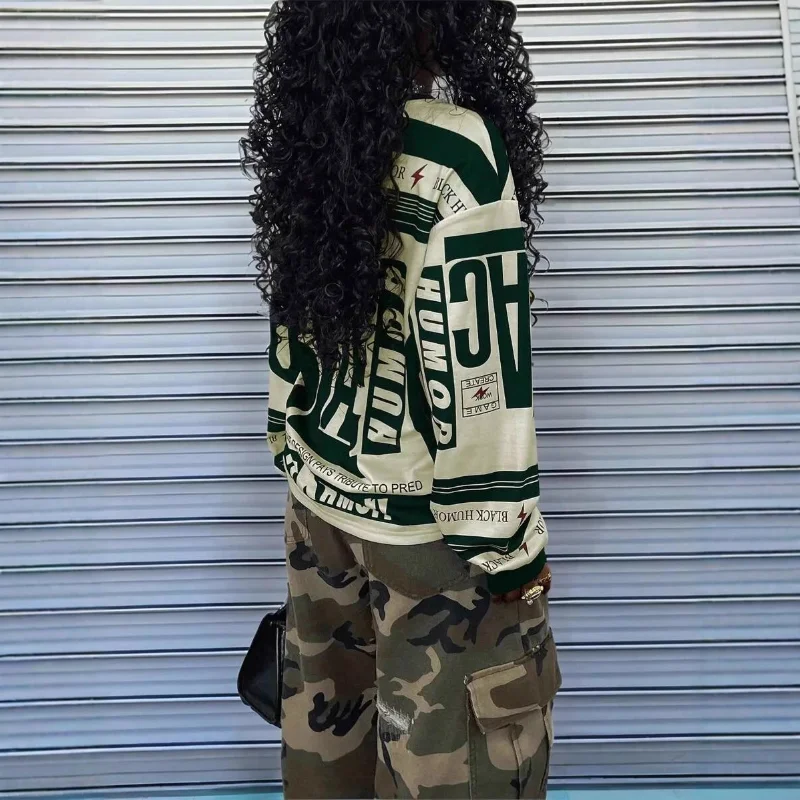 Damen Retro Sport Trend Stil Damen Langarm Sweatshirt Buchstaben Positionierung Druck Lose Pullover