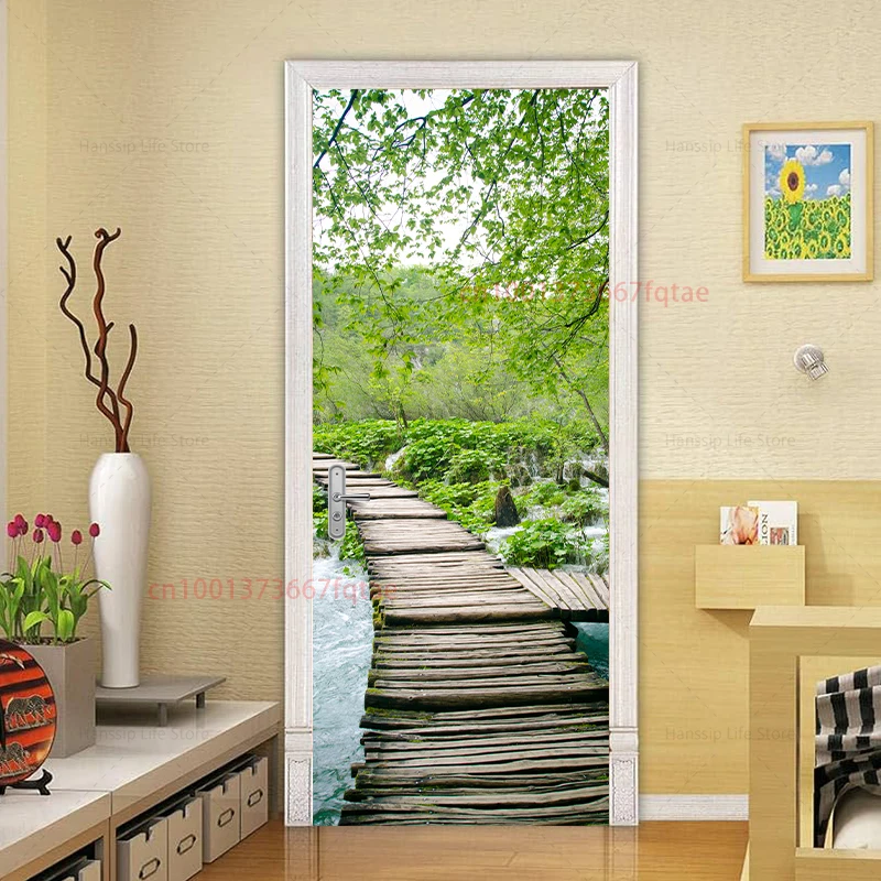 Forest Wood Bridge Door Design Wallpaper, Natural Jungle Stairs Road Door Sticker Wall Art Mural Home Decorations Removable