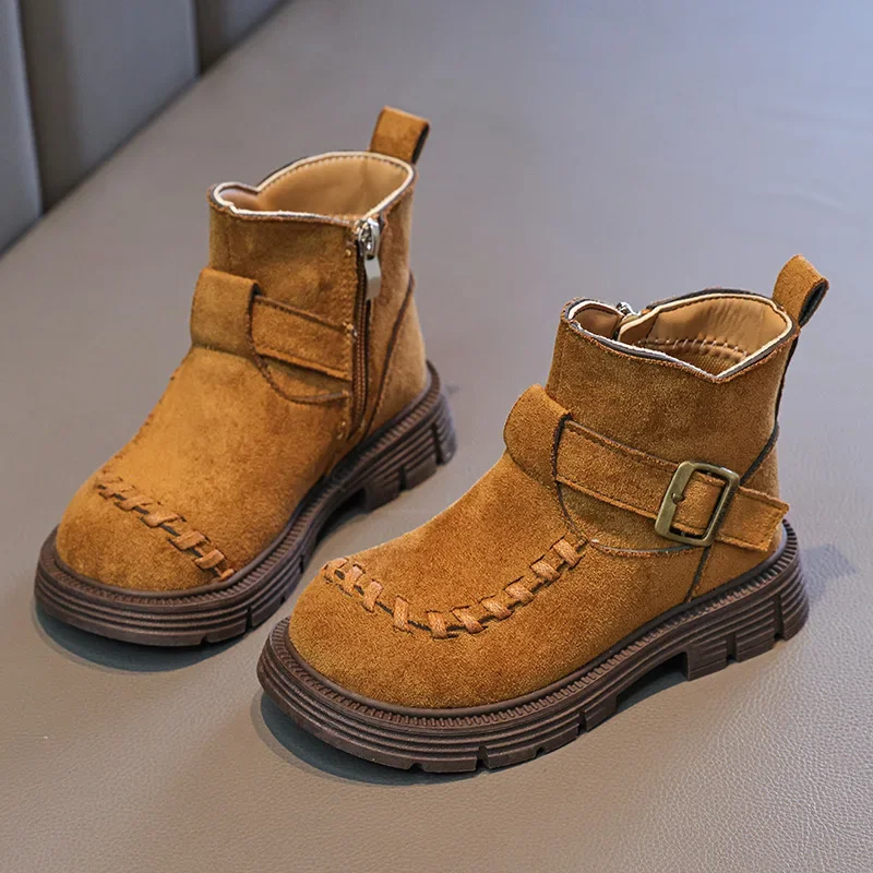 

Girls Fashion Boots Platform Autumn Winter New Side Zipper Retro Buckle Casual Trendy Boots Flats Footwear Size 26-36