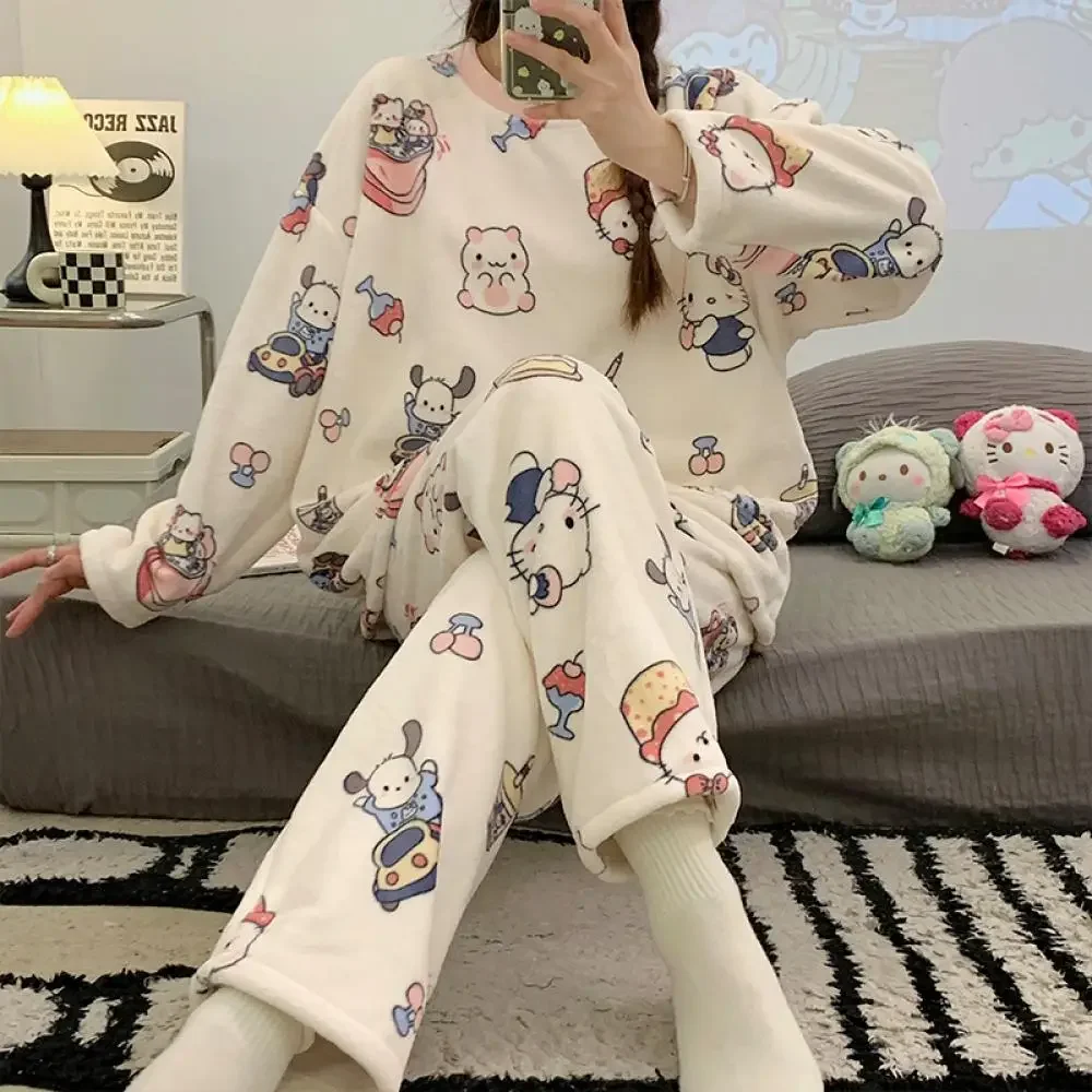 Sanrios Plush Pajamas Suit Hello Kitty Kuromi Women Anime Kawaii Winter Soft 2Pcs Loungewear Girls Cute Long Sleeves Homewear