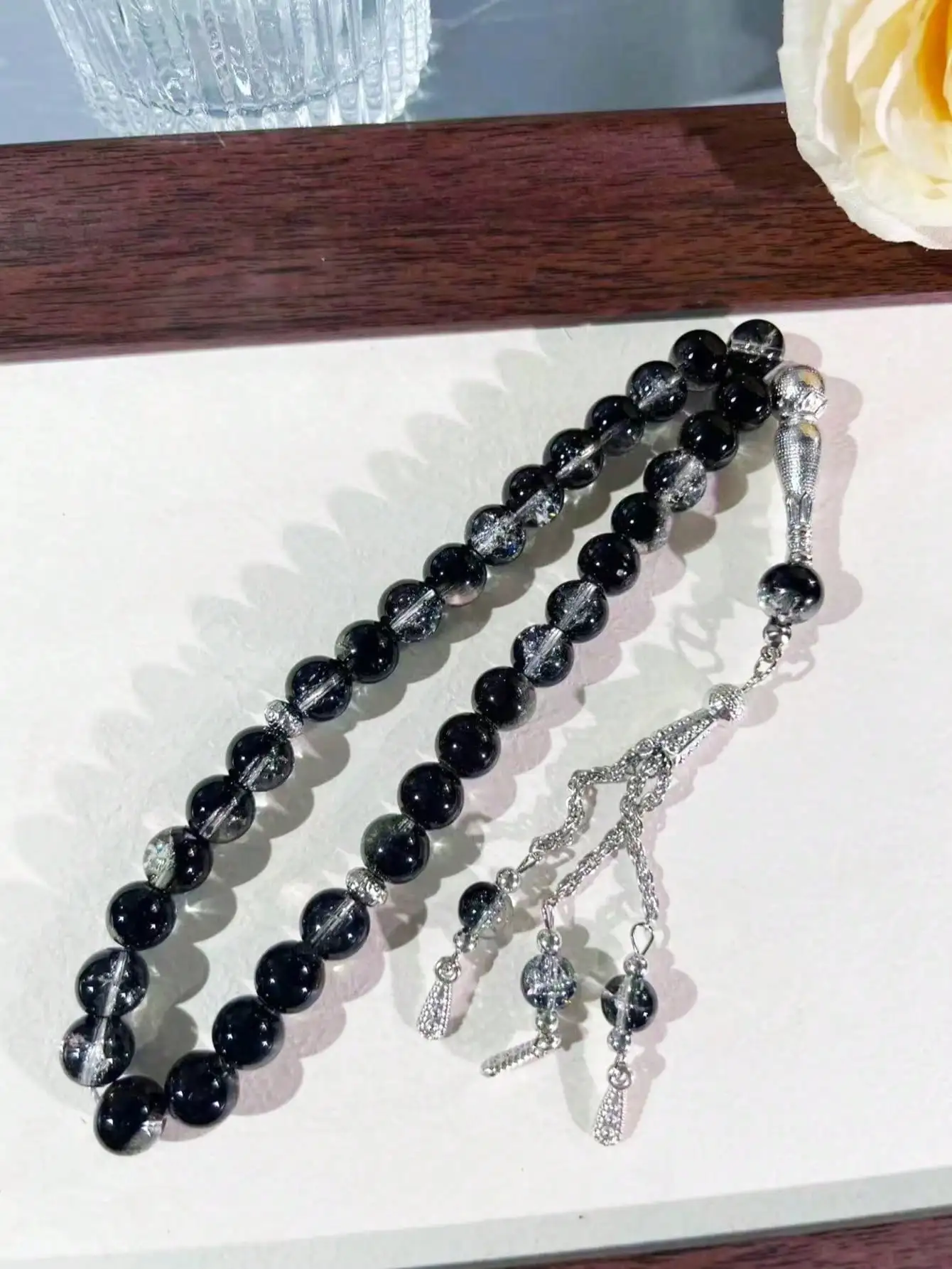 10mm 33Pcs Cracked Glass Muslim Prayer Beads Tasbih, Handmade Islamic Misbaha Rosary Bracelet with Exquisite Texture, Portable R view 2