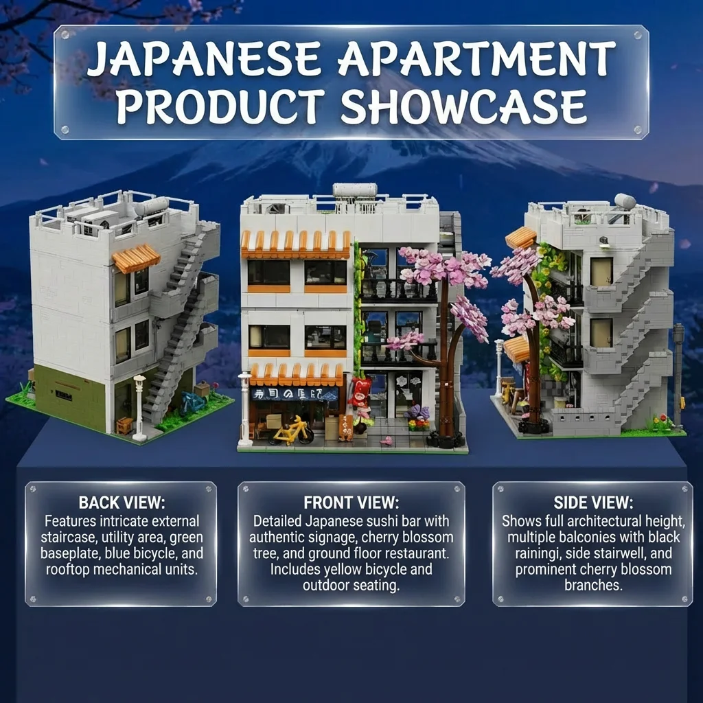 3911PCS Sushi Shop Apartment Building Blocks Set Japanese Street View House Cherry Blossom Architecture Modular Model Kit with 5 Figuren and LED Lighting DIY Assembly Bricks Toys for Adults Gift Desktop Ornament Collection Display Home Decortion