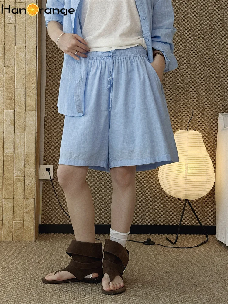 HanOrange 2026 Summer Lazy Elastic Drawstring Linen Shorts Women Loose Silhouette Shorts White/Light Blue/Pink/Beige Green