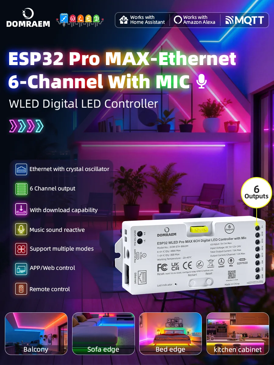 DOMRAEM Pro MAX 6CH Adressierbarer LED-Controller ESP32 WLED-Firmware Ethernet-WiFi-Verbindung PDM Mikrofon-Schallreaktions-Relais 20A Sicherung DC5-24V 360W Für WS2811 WS2812B WS2805 SK6812 Licht