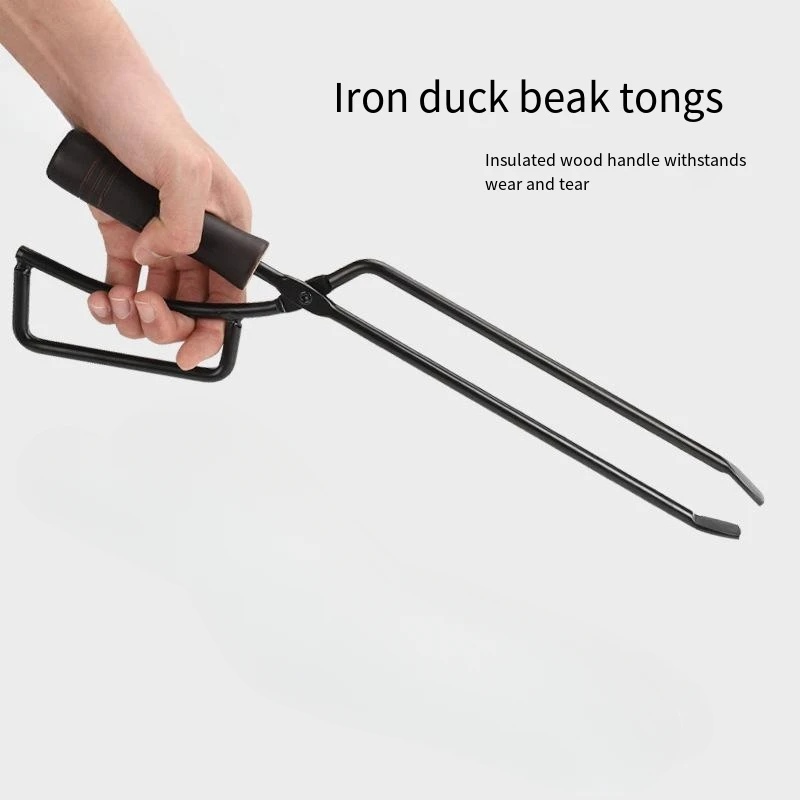 

Iron Duckbill Fire Tongs,Outdoor Burning Charcoal Tongs,Extended Chuck Insulated Solid Wood Handle BBQ Fire Tongs Camping Tools