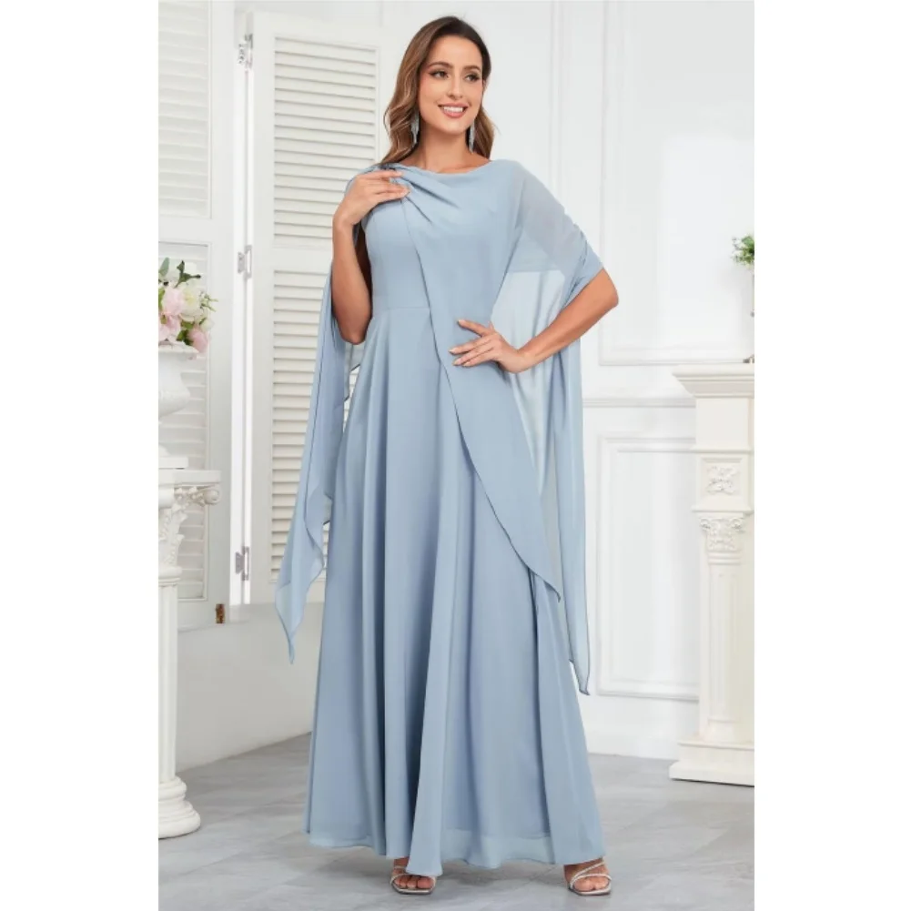 Scoop Neck Mother of The Bride Dresses Cape Shawl Ruffle Long Formal Evening Gowns Chiffon A Line Wedding Guest Bridesmaid Dress