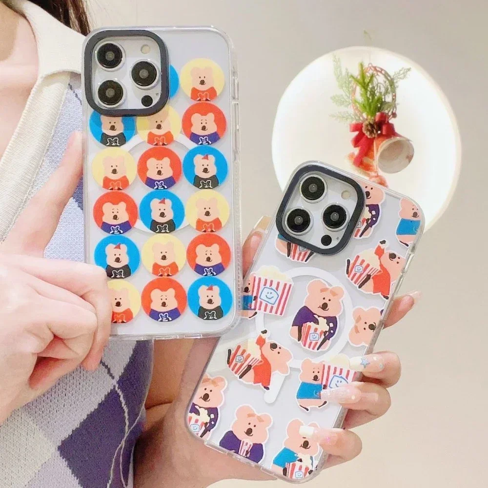 MagSafe Transparent Border Cartoon Bear Phone Case Cover for IPhone 11 12 13 14 15 16 Pro Max Case for IPhone 16 Pro Max