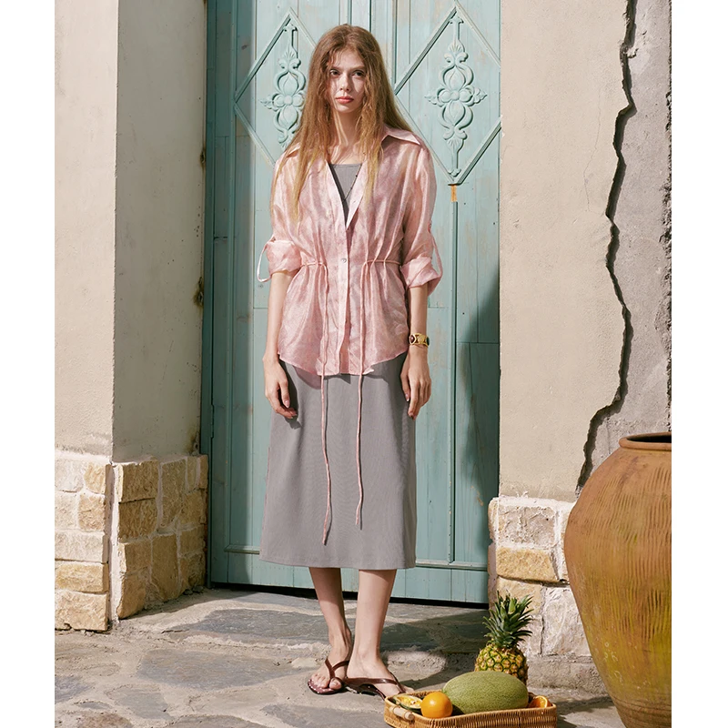 ELFSACK Women's Sheer Tie Waist Shirt Matching Maxi Skirt Set, Long Sleeve Semi-Sheer Two Piece Vacation Outfit for Summer