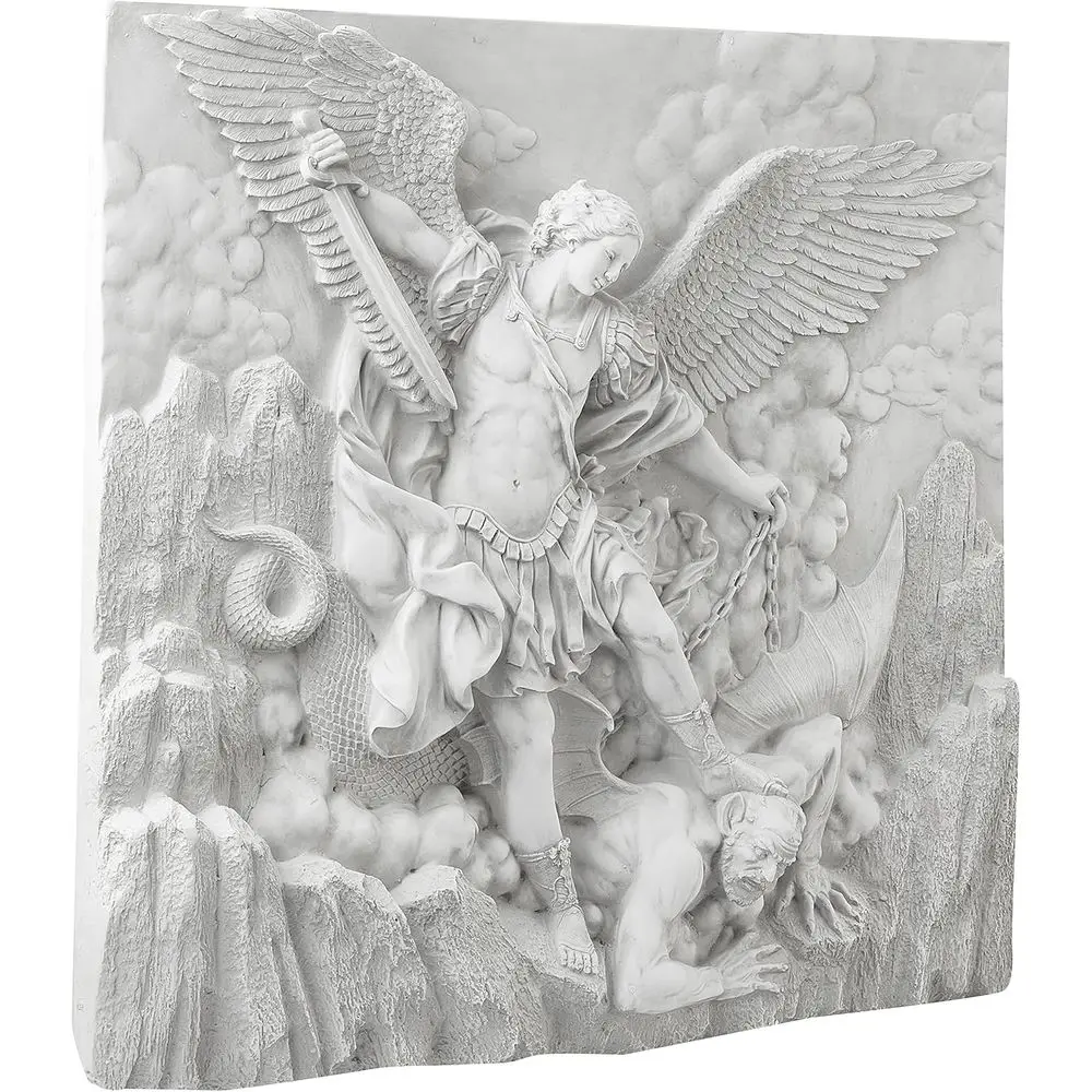 

Ангел-архангел Михаил, убивающий демона, настенная скульптура для помещений и улицы, 22 дюйма в ширину, из литой каменной смолы, с отделкой под старинный камень.