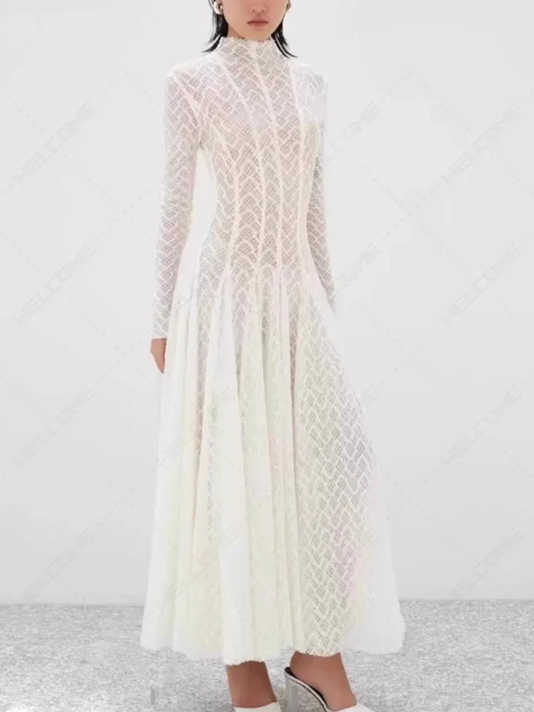 

Elegant Lace Dresses 2025 Spring New Half High Collar Solid Color Draped Gauze Spliced Girdling Women's Evening
