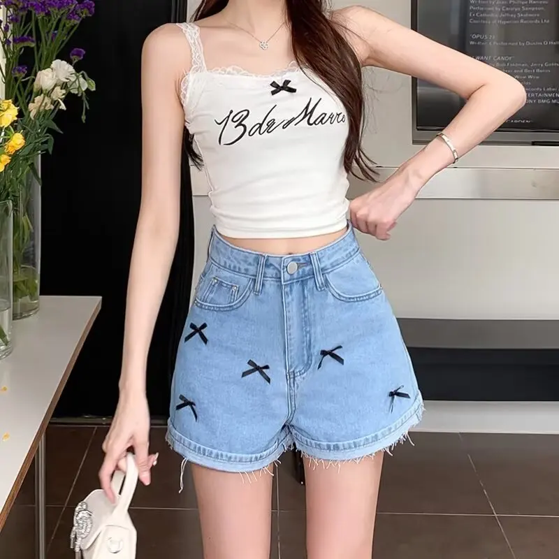 

Summer new style bow curled high-waisted straight loose and versatile slimming A-line denim shorts women's design niche