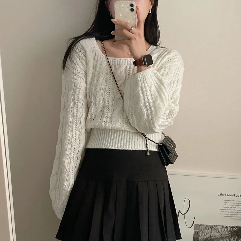 Zoki Korean Lantern Sleeve White Sweaters Women Sweet Casual Loose Knitted Pullovers Vintage Square Collar Lady Cute Design Tops