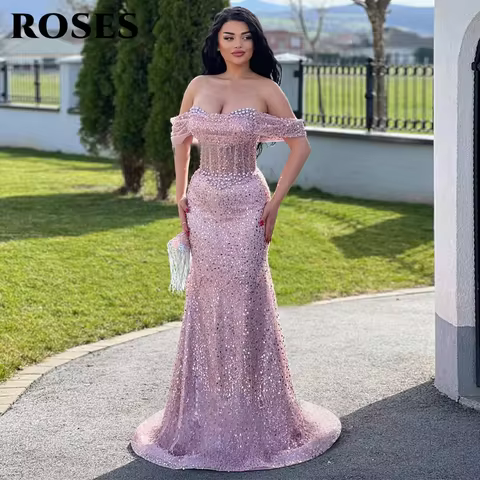 ROSES Pink Elegant Evening Gown Off the Shoulder Evening Dress with Pearls and Sequined Mermaid Prom Gown for Woman Customized