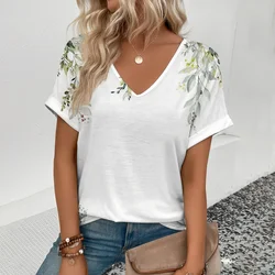 2024 Summer New T-shirt Women's V-neck Top Summer Daily Loose Comfortable Short-sleeved White Comfortable Street T-shirt