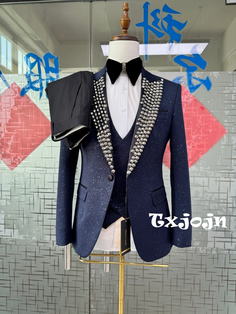 Glitter Men's Luxury Suit Set 3 Pieces Host Costumes Handsome Man Tuxedo Party Prom Wear Premum Elegant Suits For Wedding