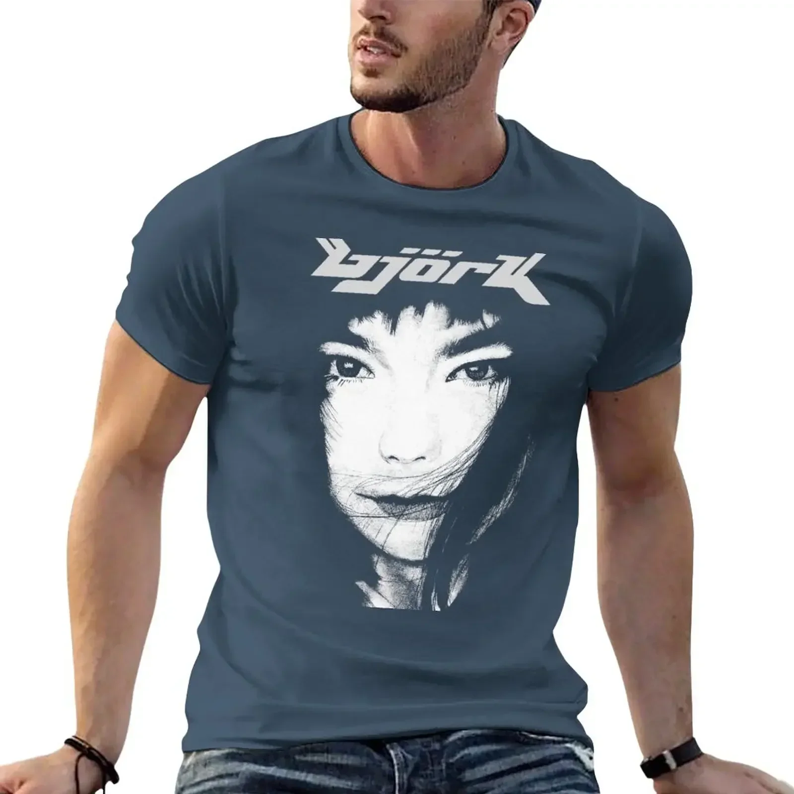 

New fashion heavyweight vintage Summer Round Collar streetwea Bjork T-Shirt Aesthetic clothing oversized t shirts for men cotton