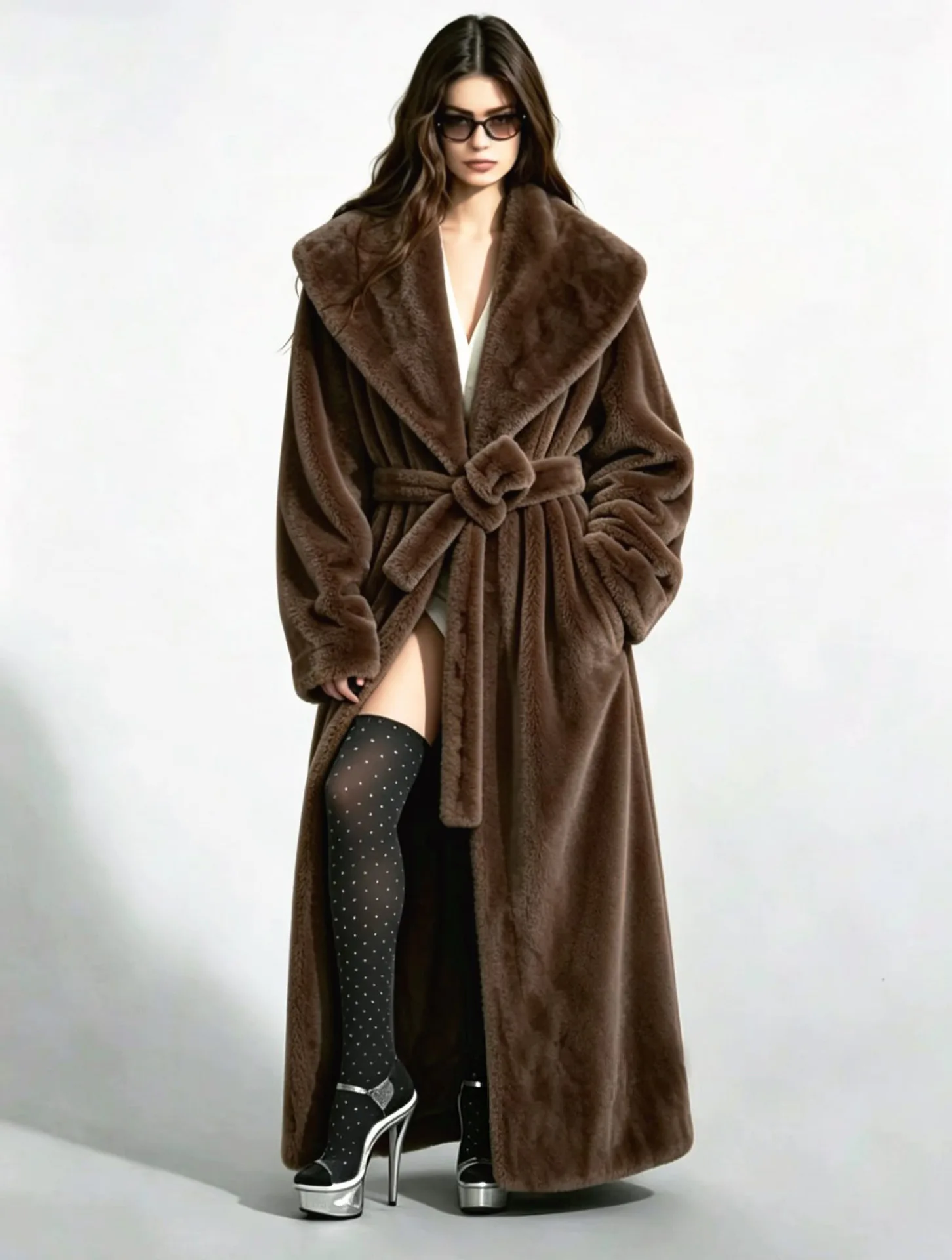 Long Coats Women Faux Fur Jackets Turn Down Collar Coat Thick Warm Y2k Streetwear Jacket Work Lace Up Tight Waist Autumn Winter