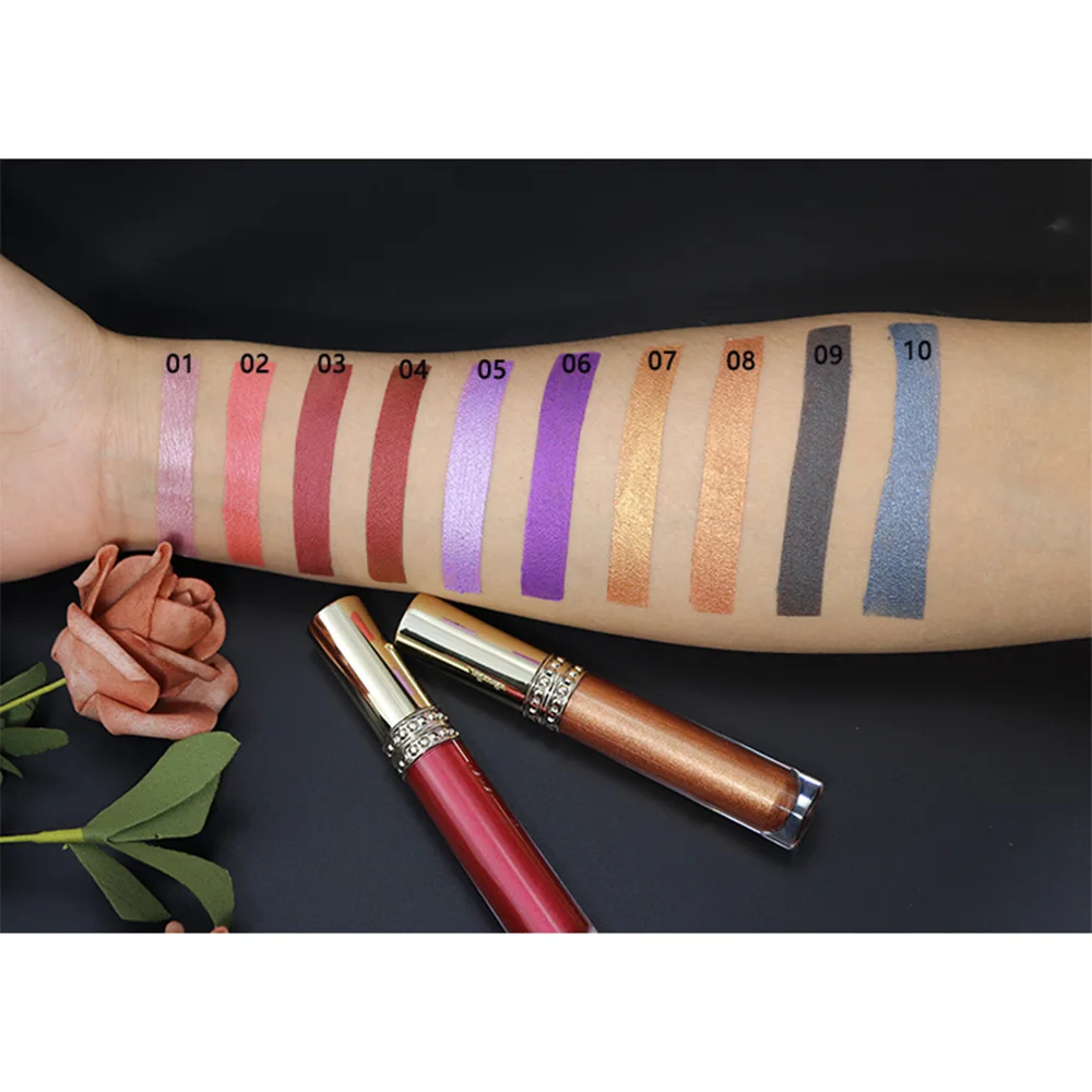 Metallischer Lipgloss, individuelles Logo, glitzernder flüssiger Lippenstift, Diamant-Lippentönung, feuchtigkeitsspendend, glänzende Lippenglasur, Make-up, Kosmetik, Großpackung, 5 Stück