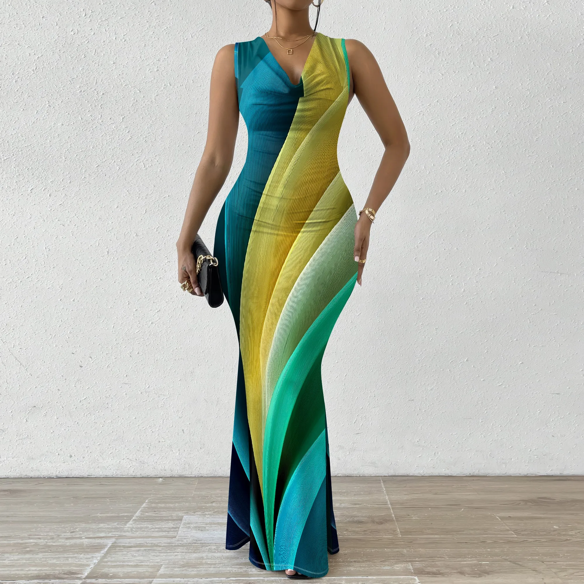 

Colorful Women's Maxi Dress 2025 New Arrival V-Neck Sleeveless Gradient Pattern Dress XS-2XL