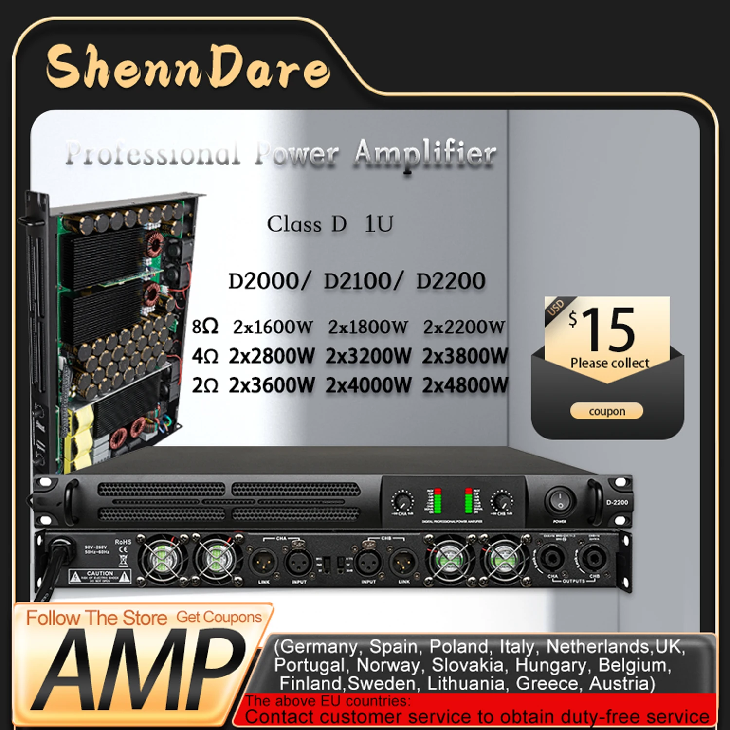 ShennDare D2200 Professional Power Amplifier 2x2200W 8ohm Class D Line Array Speaker Amplifier 2 Channel subwoofer Pre-sound Amp