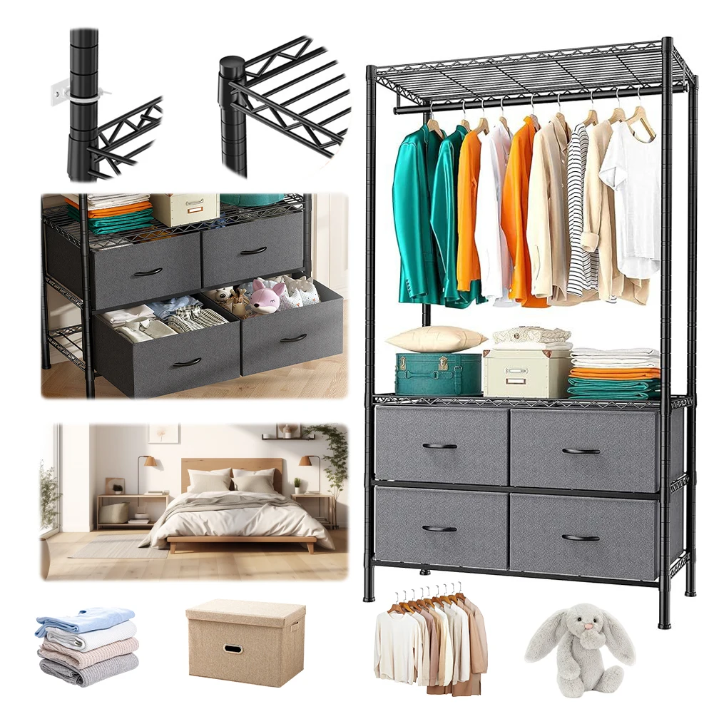 

Металлическая вешалка для одежды для спальни с 4 большими тканевыми ящиками, вешалка для одежды на земле, подвесная стойка для гостиной