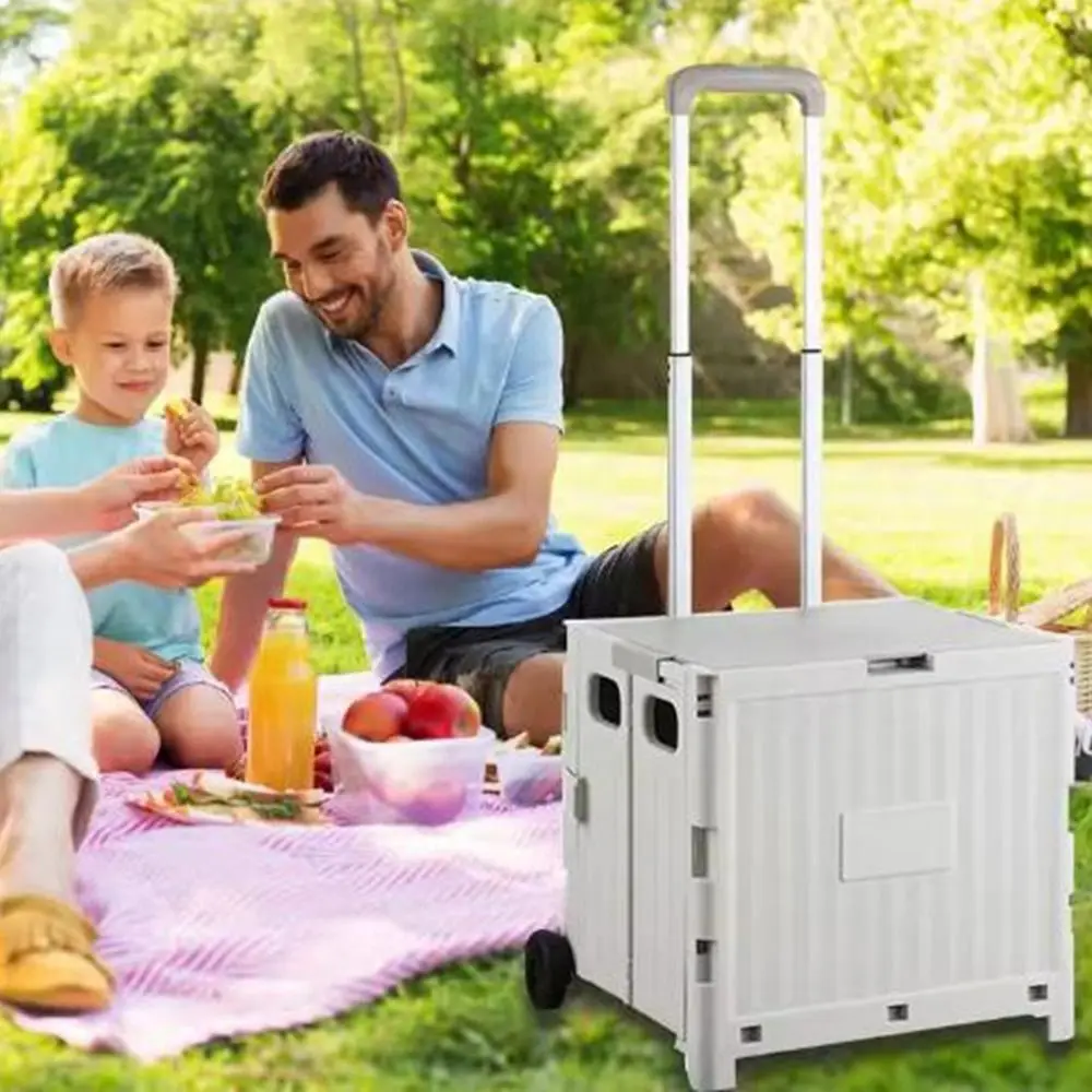 

Plastic Folding Shopping Trolley Space Saving Adjustable Handle Collapsible Shopping Box with Wheels Large Capacity