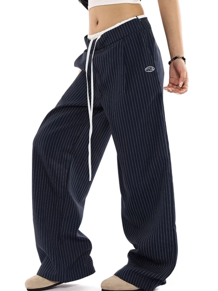 

American Vintage Pants Fake Two Piece High Waist Lace-up Striped Pantalones Contrast Color Loose Spring Autumn Women's Clothing