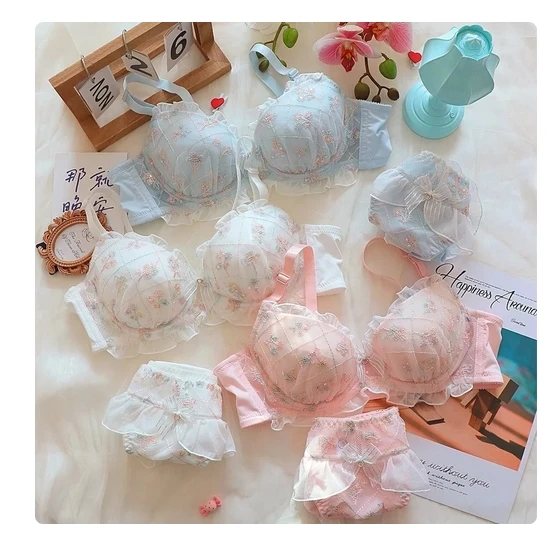 Sweet and cute lolita lovely girl bra underwear lace lingerie set  with steel ring gathered large size adjustable women bralette