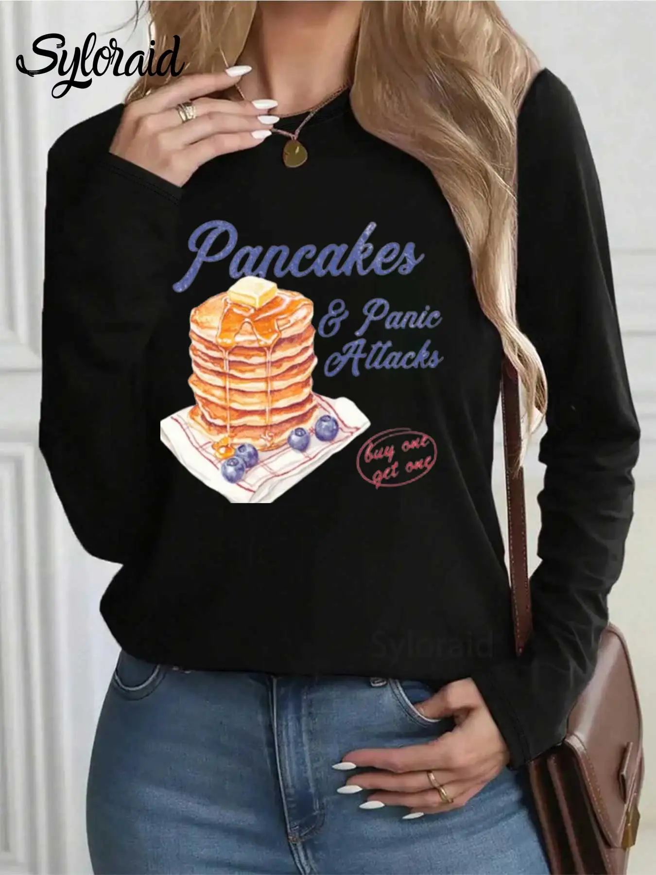 Camiseta de manga larga para mujerPancakes and Panic Attacks Camiseta Moda Cuello redondo Top casual