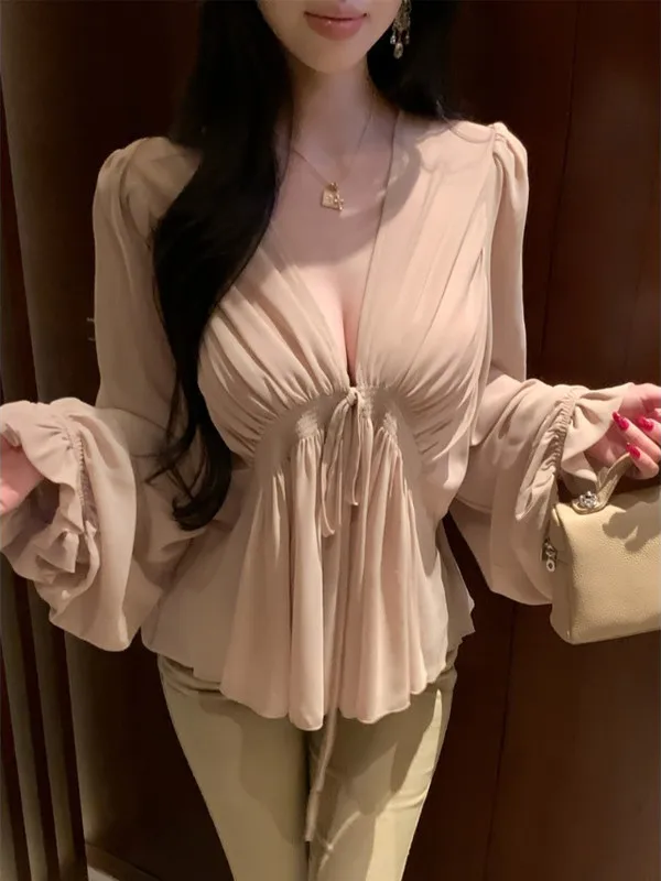 

Elegant Sexy V-neck Tunic Top with Bow Detail Loose Fit Chiffon Women's Fashion City Walk Autumn Long Sleeve Knot