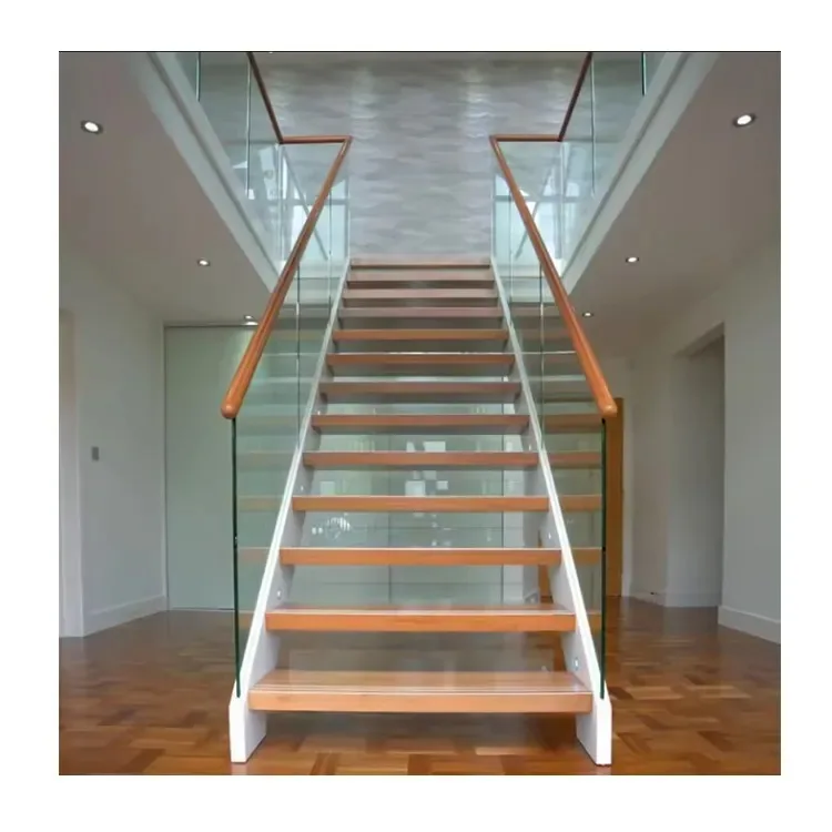 سلم زجاجي خشبي مستقيم حديث داخلي على الوجهين للفيلا أو الشقة تطبيق الطابق الثاني مع درابزين زجاجي #4