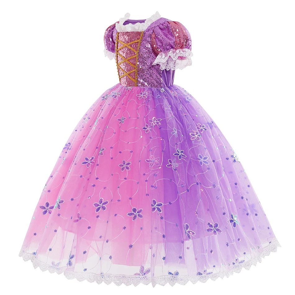 Princess Rapunzel Cosplay Dress Gril Luxury Lace Sequin Purple Frocks Carnival Princess Outfits Kids Halloween Clothes