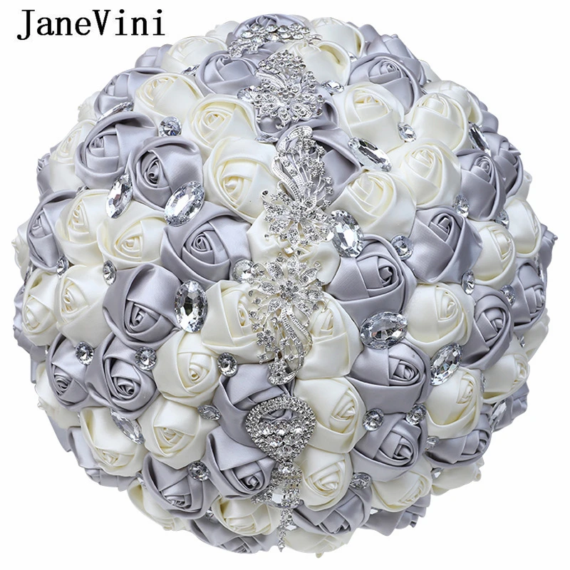 JaneVini Shiny Silver Ivory Crystal Rhinestones 30cm Wedding Bouquets Big Artificial Flower Bride Bouquet Large Ribbon Brooches