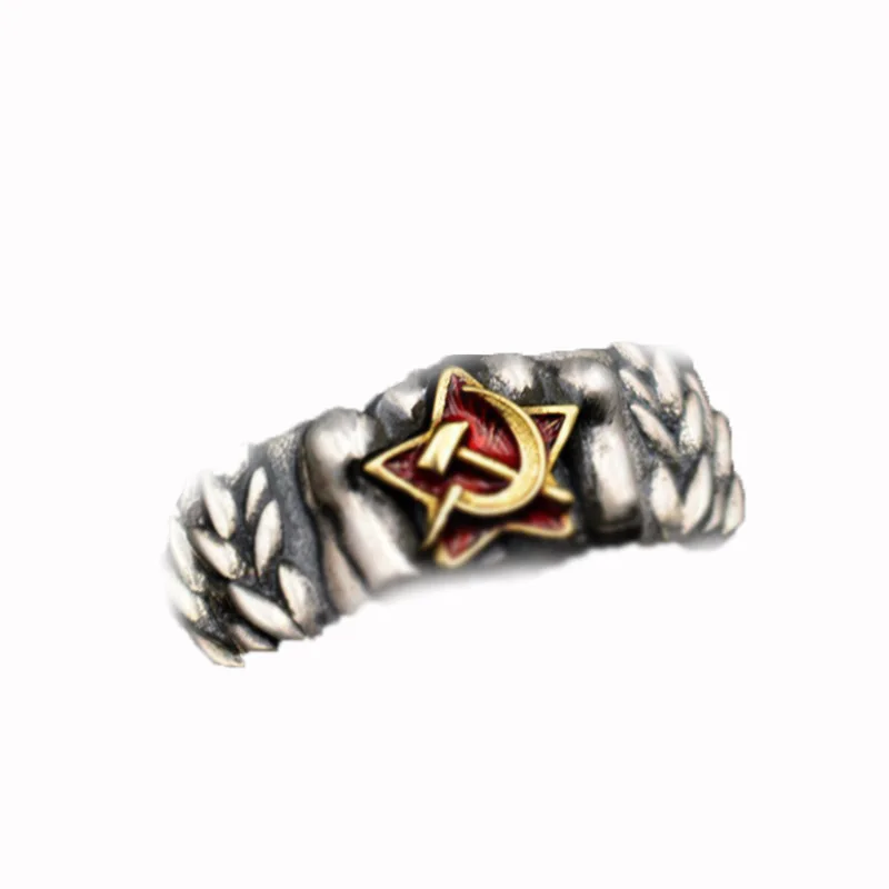 Vintage Russian Emblem Iron Fist Red Star Ring Two Color Sickle Hammer Rings for Men Women Engagement Wedding Ring Party Jewelry