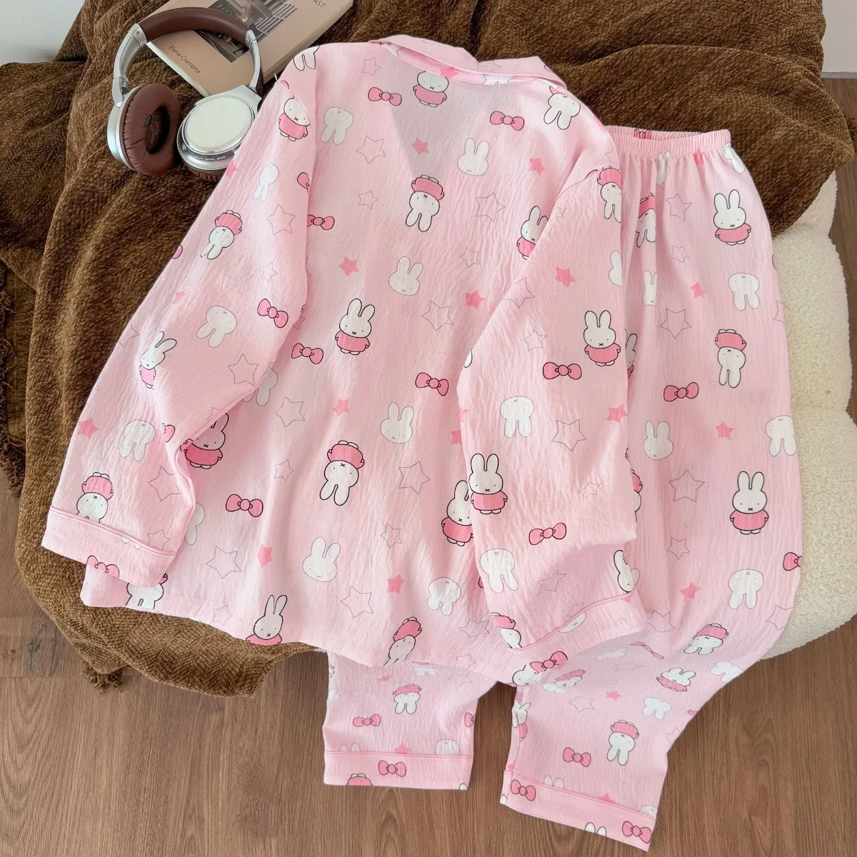 Cute Miffy Two Piece Pajama Long Sleeve Pant Cartoon Home Suit for Women Spring Autumn Loungewear Soft Breathable Student Gift