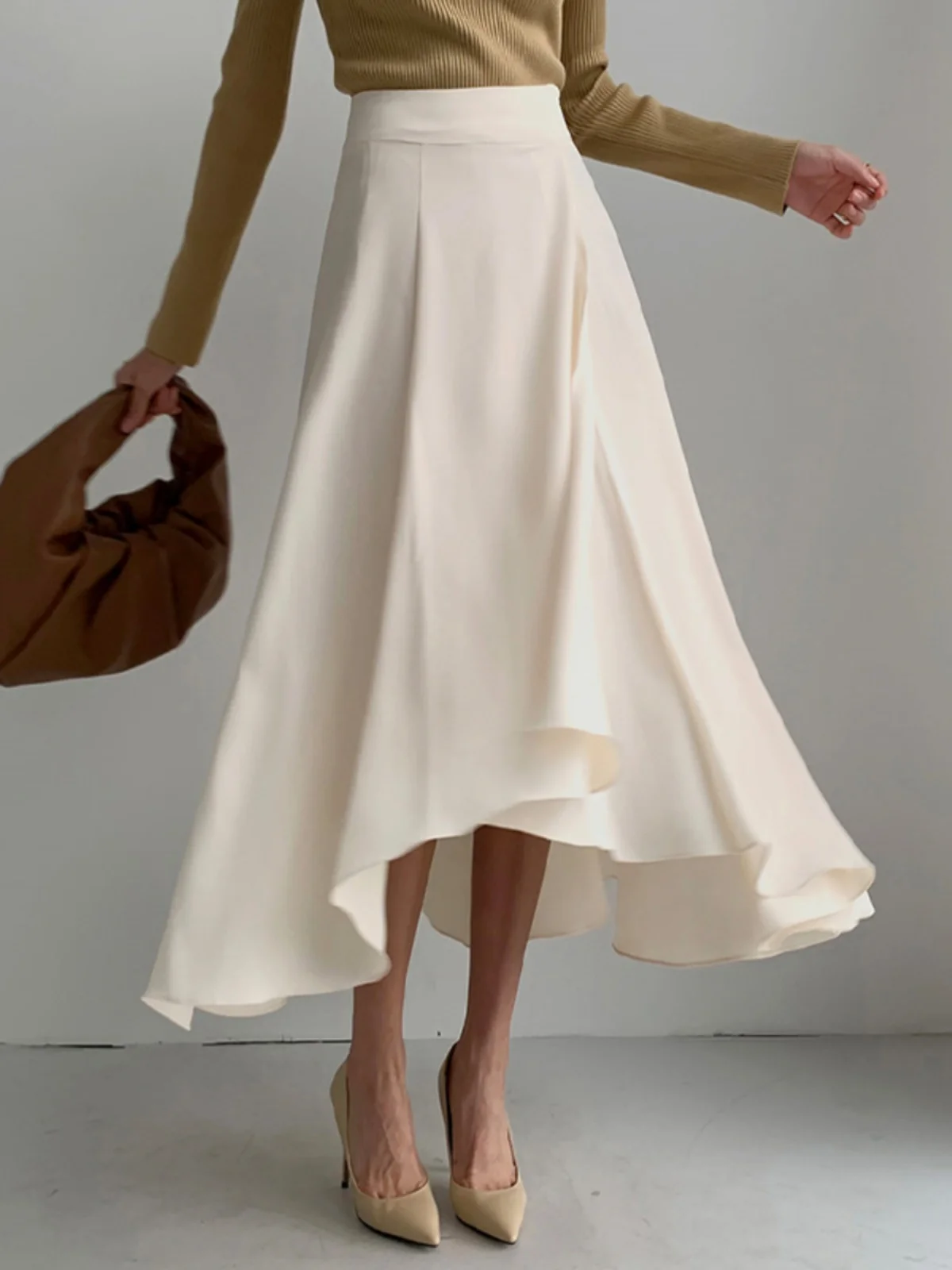 

Asymmetrical Hem Midi Skirt Women's Spring Autumn New Sle Cover Hip Large Swing Umbrella Skirt Design A-Line Suit Long Skir...